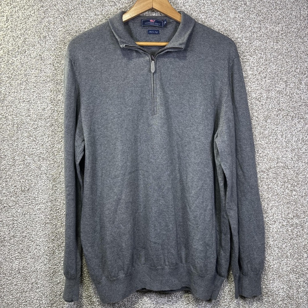 Vineyard Vines Sweater Mens XL Gray Cotton Cashmere 1/4 Zip Mock Neck Italy - Picture 1 of 7